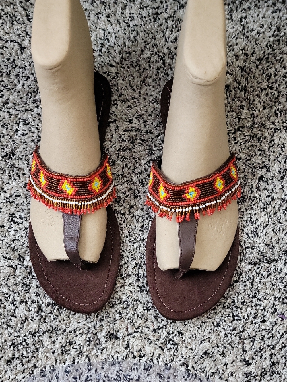 Beaded Fringe Brown Women's Thong Sandals - Red/Orange Accent